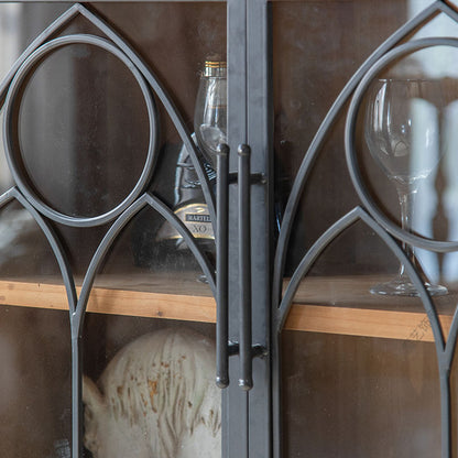 Rustic Wooden Cabinet with Gothic Glass Doors and Intricate Carvings