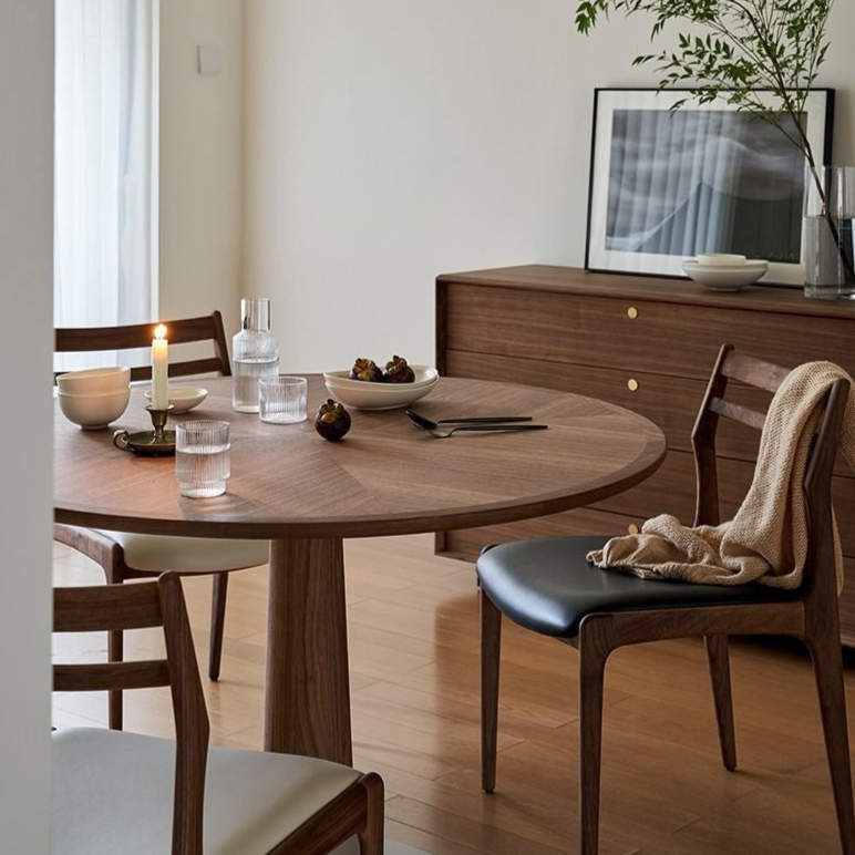 Mid-Century Modern Dining Table Set - Solid Walnut Top and Sleek Metal Base