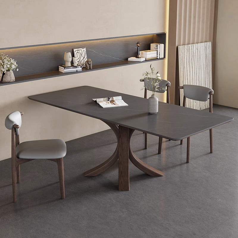 Modern Dining Table Set with Unique X-Shaped Base - Matte Rock Slab Top