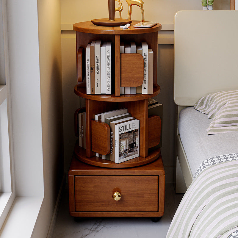 Rotating Round Nightstand with Bookcase and Drawer Storage