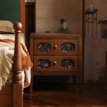 Vintage-Inspired Nightstand with Floral Inlay and Brass Hardware