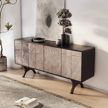 Modern Sideboard with Unique Tree Ring Design and Black Metal Base