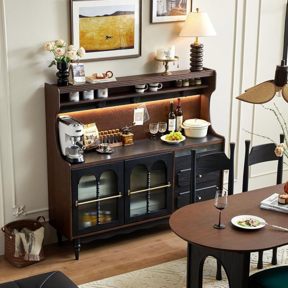 Vintage-Inspired Buffet Cabinet with Glass Doors and Built-in Lighting