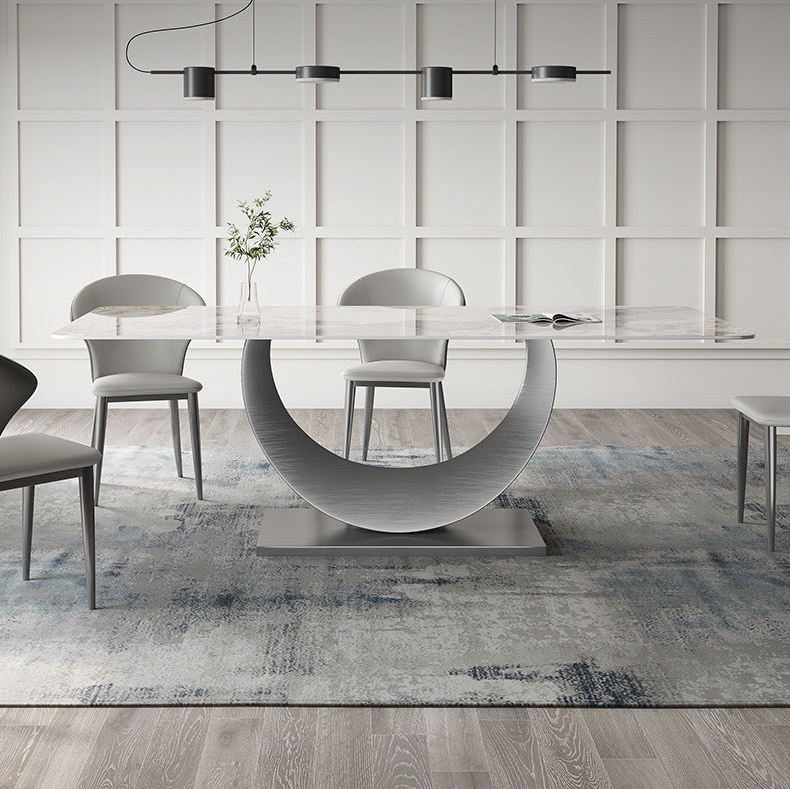 Modern Dining Table Set with Unique Curved Base - Durable Rock Slab Top