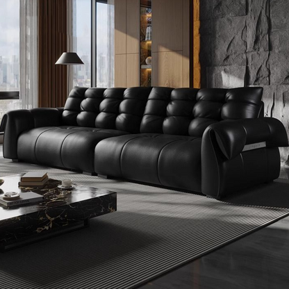 Modern Leather Sofa with Button-Tufted Backrest and Wide Armrests