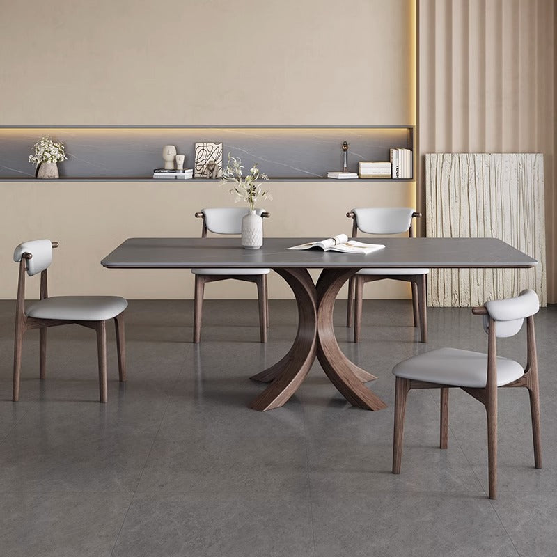 Modern Dining Table Set with Unique X-Shaped Base - Matte Rock Slab Top