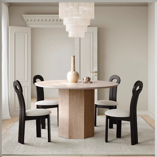 Modern Round Dining Table with Unique Wooden Base - Durable Rock Slab Top