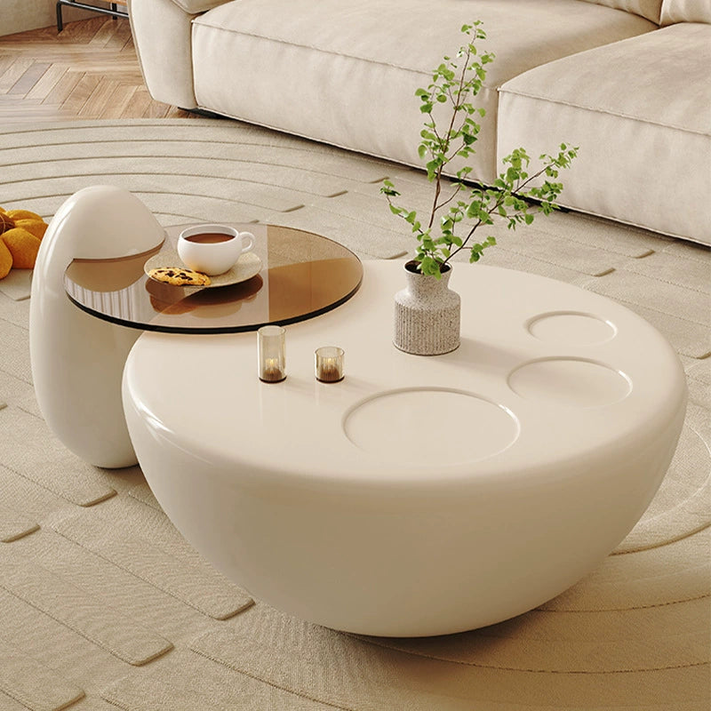 Modern White Coffee Table Set - Designer Round Glass Top Side Table