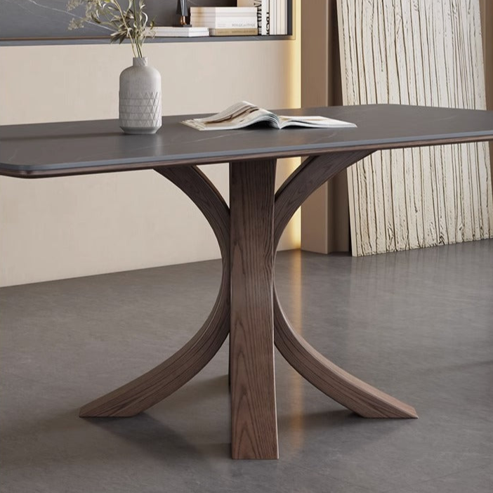 Modern Dining Table Set with Unique X-Shaped Base - Matte Rock Slab Top