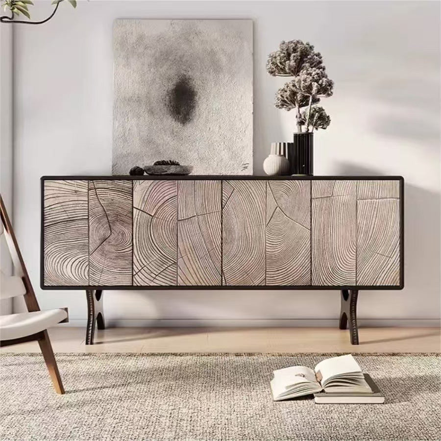 Modern Sideboard with Unique Tree Ring Design and Black Metal Base