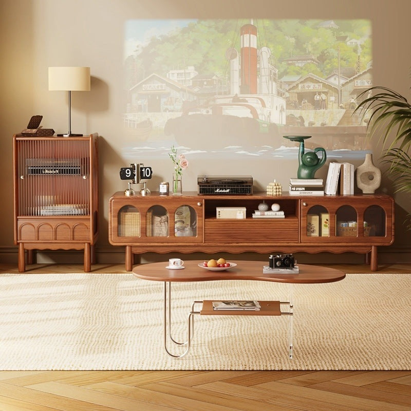 Mid-Century Modern TV Stand with Arched Glass Doors and Wooden Accents