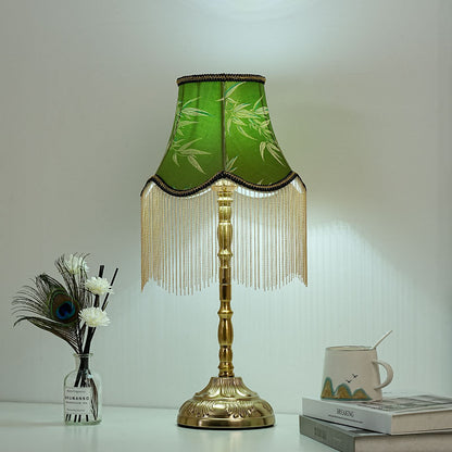 Vintage Green Table Lamp with Fringe - A Touch of Bohemian Elegance