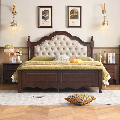 Vintage European Style Double Bed Frame with Upholstered Headboard