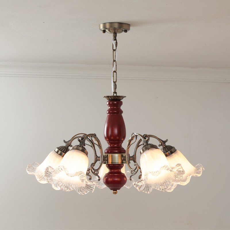 Rustic Wooden Chandelier with Glass Shades - Vintage Charm