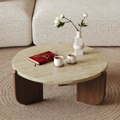 Cream Travertine Top with Wood Base - Modern Stone Living Room Table