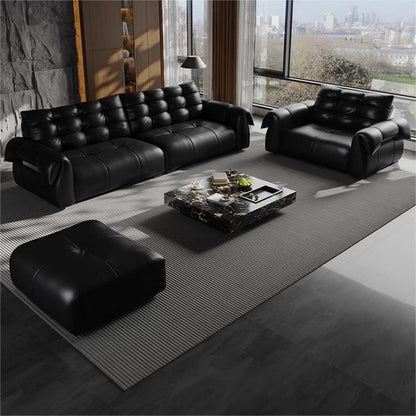 Minimalist Black Leather Straight-Line Sofa Set – Sleek Design for Modern Living Rooms