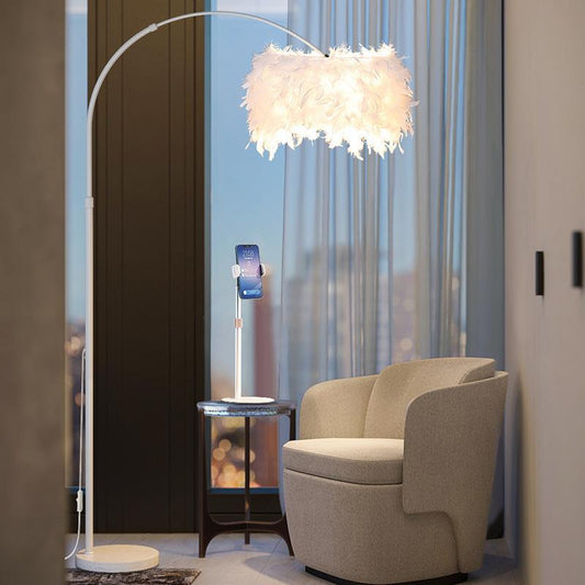 Luxurious Feather Floor Lamp with Phone Charging Stand - A Touch of Elegance