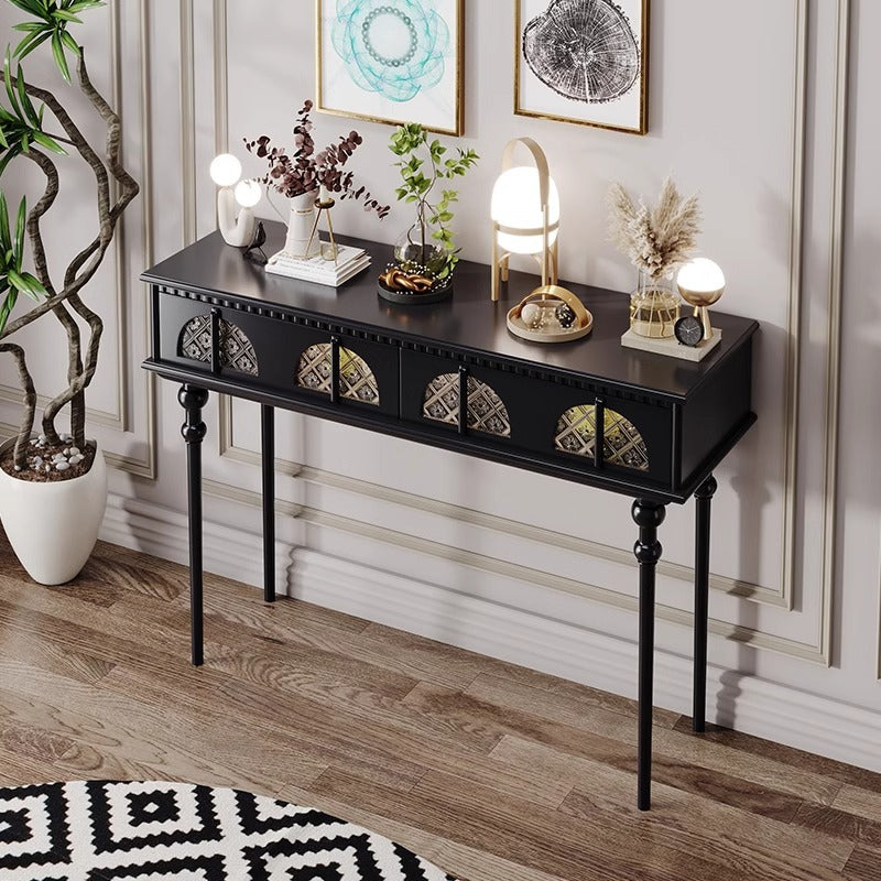 Modern Console Table with Black Finish and Intricate Details