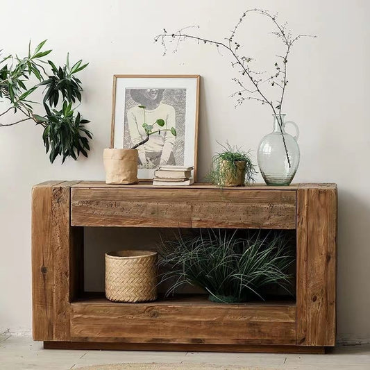 Vintage Pine Wood Decorative Storage Cabinet with Display Shelves