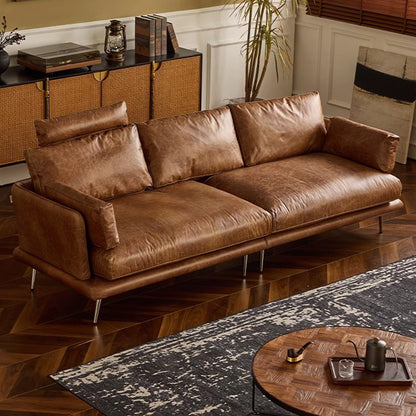 Vintage Leather Sofa with Distressed Finish - Mid-Century Modern Style