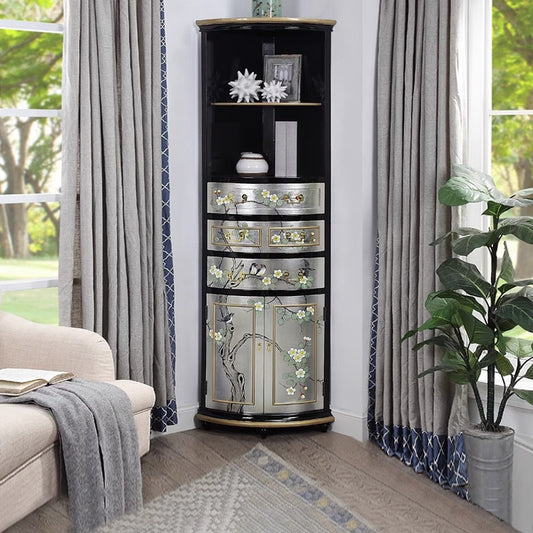 Elegant Corner Cabinet with Hand-Painted Floral Design and Silver Leaf Accents