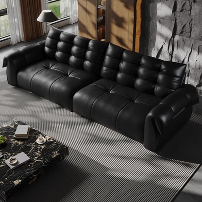 Modern Leather Sofa with Button-Tufted Backrest and Wide Armrests