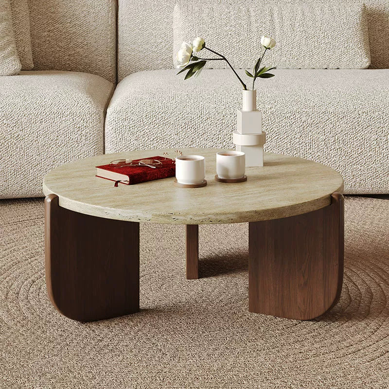 Cream Travertine Top with Wood Base - Modern Stone Living Room Table