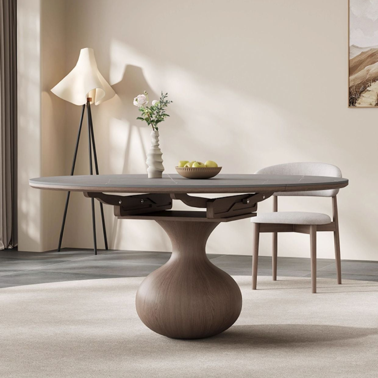 Extendable Round Dining Table Set - Durable Rock Slab Top with Unique Wooden Base