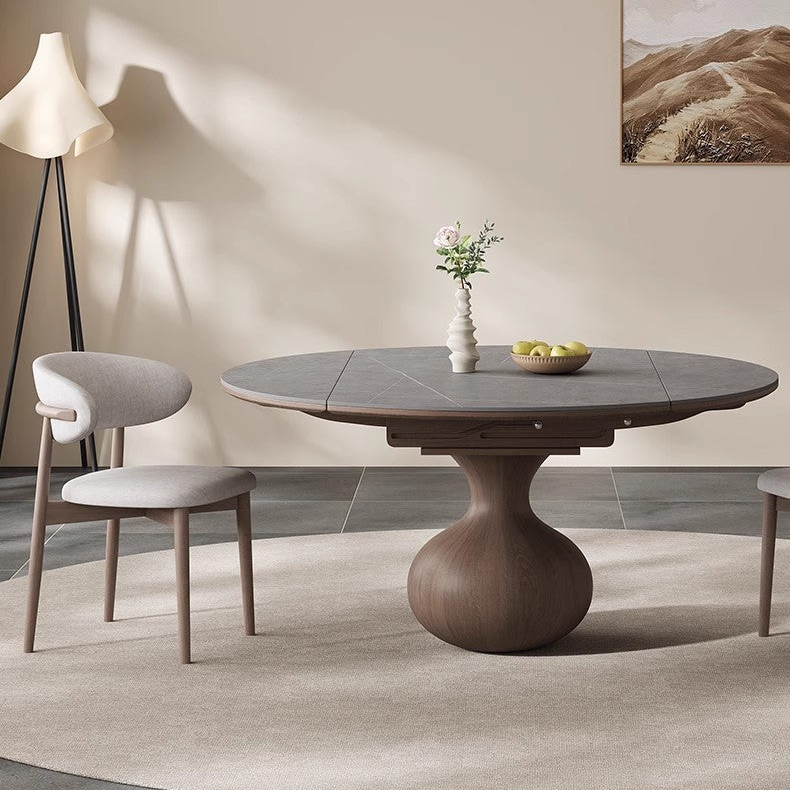 Extendable Round Dining Table Set - Durable Rock Slab Top with Unique Wooden Base