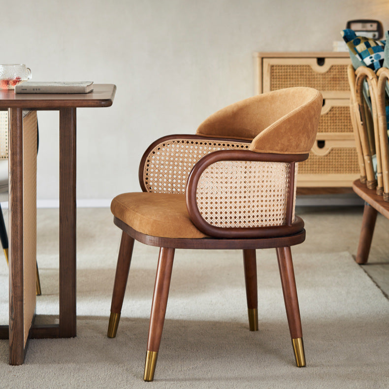 Modern Dining Chair with Rattan Backrest - Upholstered Dining Chair with Wood Legs