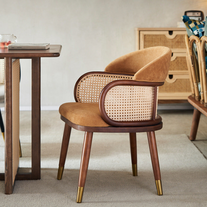 Modern Dining Chair with Rattan Backrest - Upholstered Dining Chair with Wood Legs