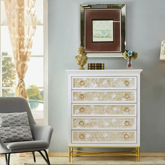 Elegant White Chest of Drawers with Gold Accents and Pearl Inlay