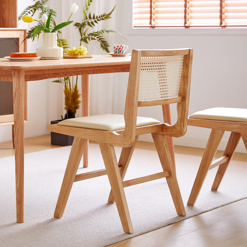 Mid-Century Modern Dining Chair with Rattan Backrest - Leather Seat and Solid Wood Frame