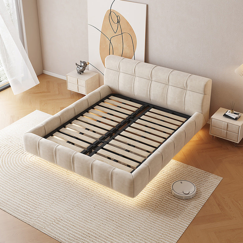 Modern Floating Bed Frame with Upholstered Headboard - Minimalist Design