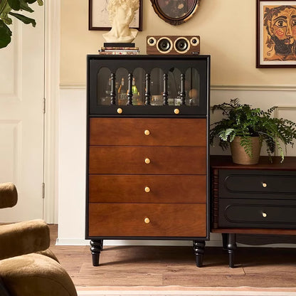 Vintage-Inspired Tall Chest of Drawers with Glass-Front Cabinet