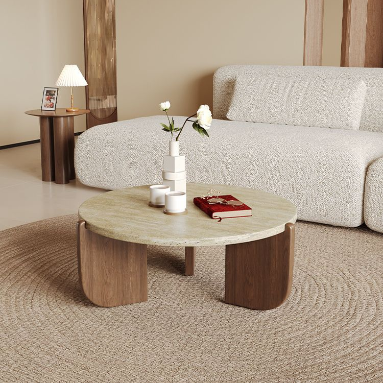 Cream Travertine Top with Wood Base - Modern Stone Living Room Table