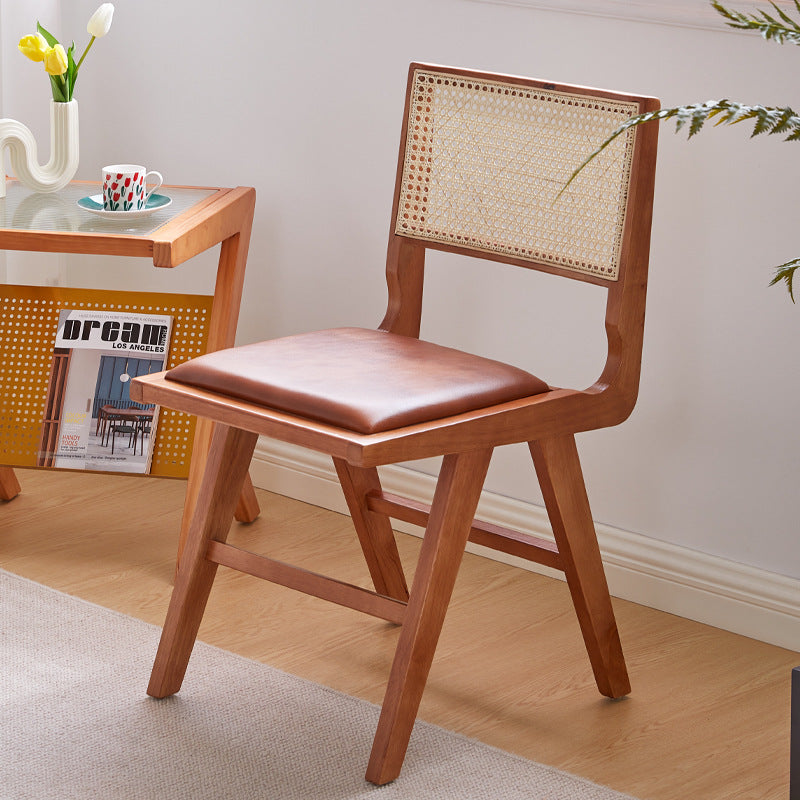 Mid-Century Modern Dining Chair with Rattan Backrest - Leather Seat and Solid Wood Frame