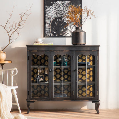 Vintage-Inspired Display Cabinet with Glass Doors and Gold Accents