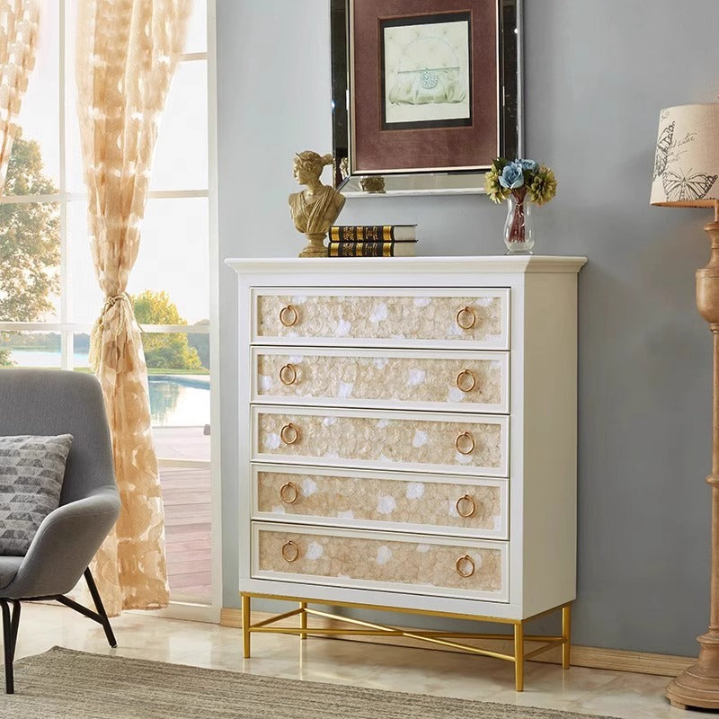 Elegant White Chest of Drawers with Gold Accents and Pearl Inlay