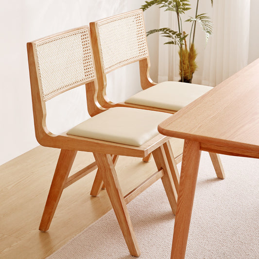 Mid-Century Modern Dining Chair with Rattan Backrest - Leather Seat and Solid Wood Frame