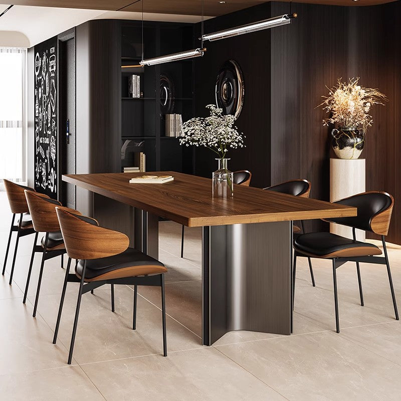 Modern Dining Table Set with Sleek Metal Base - Solid Wood Top