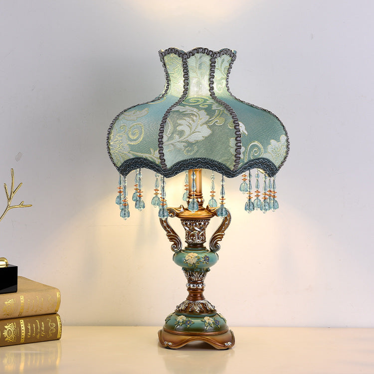 Vintage Blue Table Lamp with Beaded Shade - A Touch of Regal Elegance