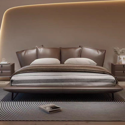 Luxury Minimalist Leather Bed Frame With Wave-Shaped Headboard