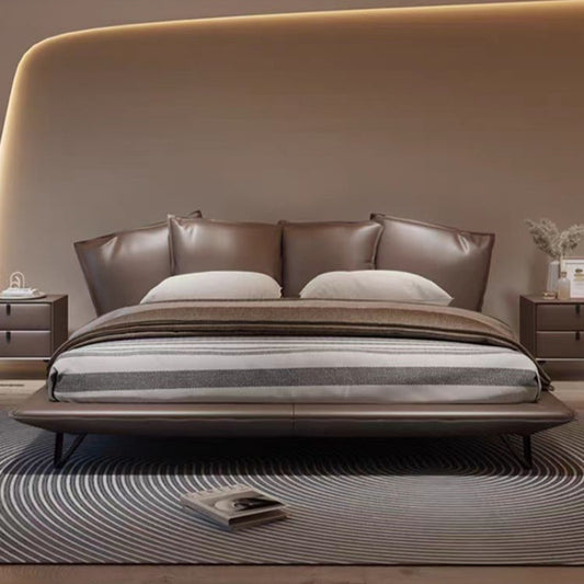 Luxury Minimalist Leather Bed Frame With Wave-Shaped Headboard