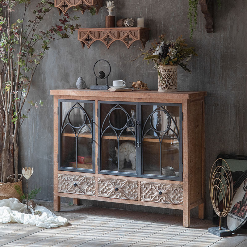 Rustic Wooden Cabinet with Gothic Glass Doors and Intricate Carvings