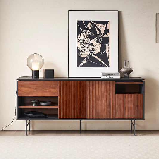 Mid-Century Modern Sideboard with Vertical Slat Design and Black Metal Base