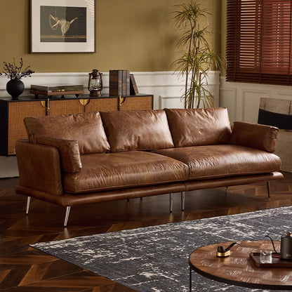 Vintage Leather Sofa with Distressed Finish - Mid-Century Modern Style