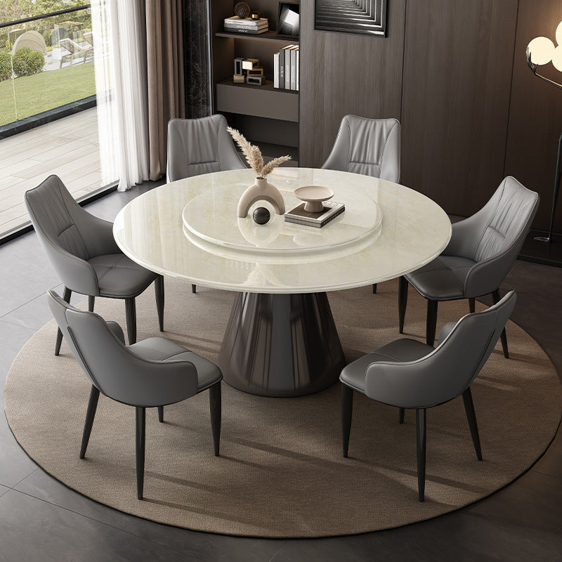 Modern Round Marble Dining Table with Rotating Top - Sleek Stainless Steel Base