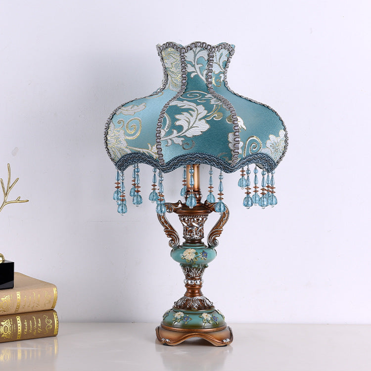 Vintage Blue Table Lamp with Beaded Shade - A Touch of Regal Elegance