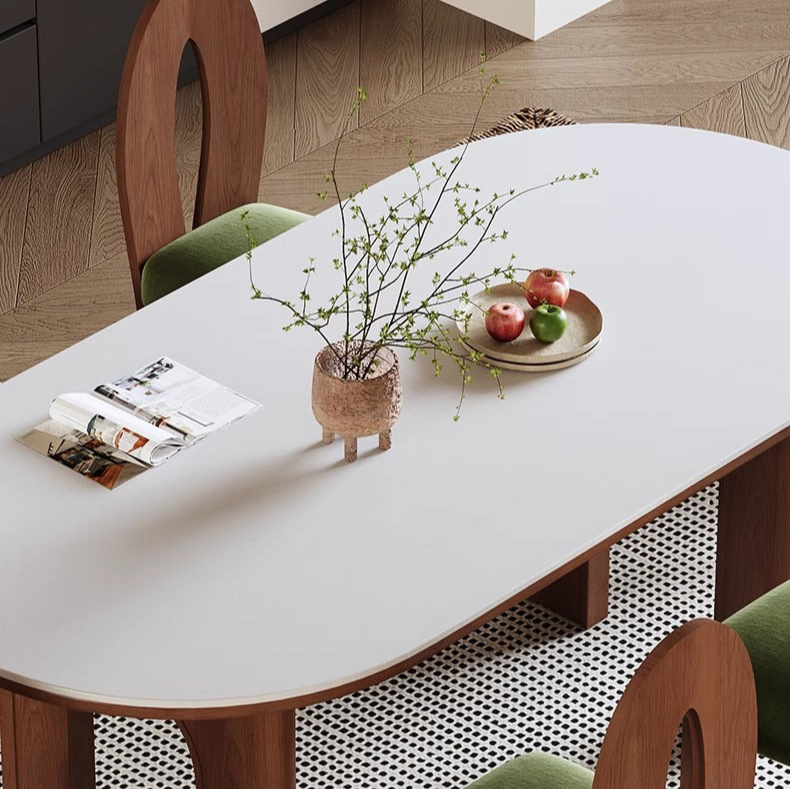 Modern Oval Dining Table with Unique Wooden Base - Durable Rock Slab Top